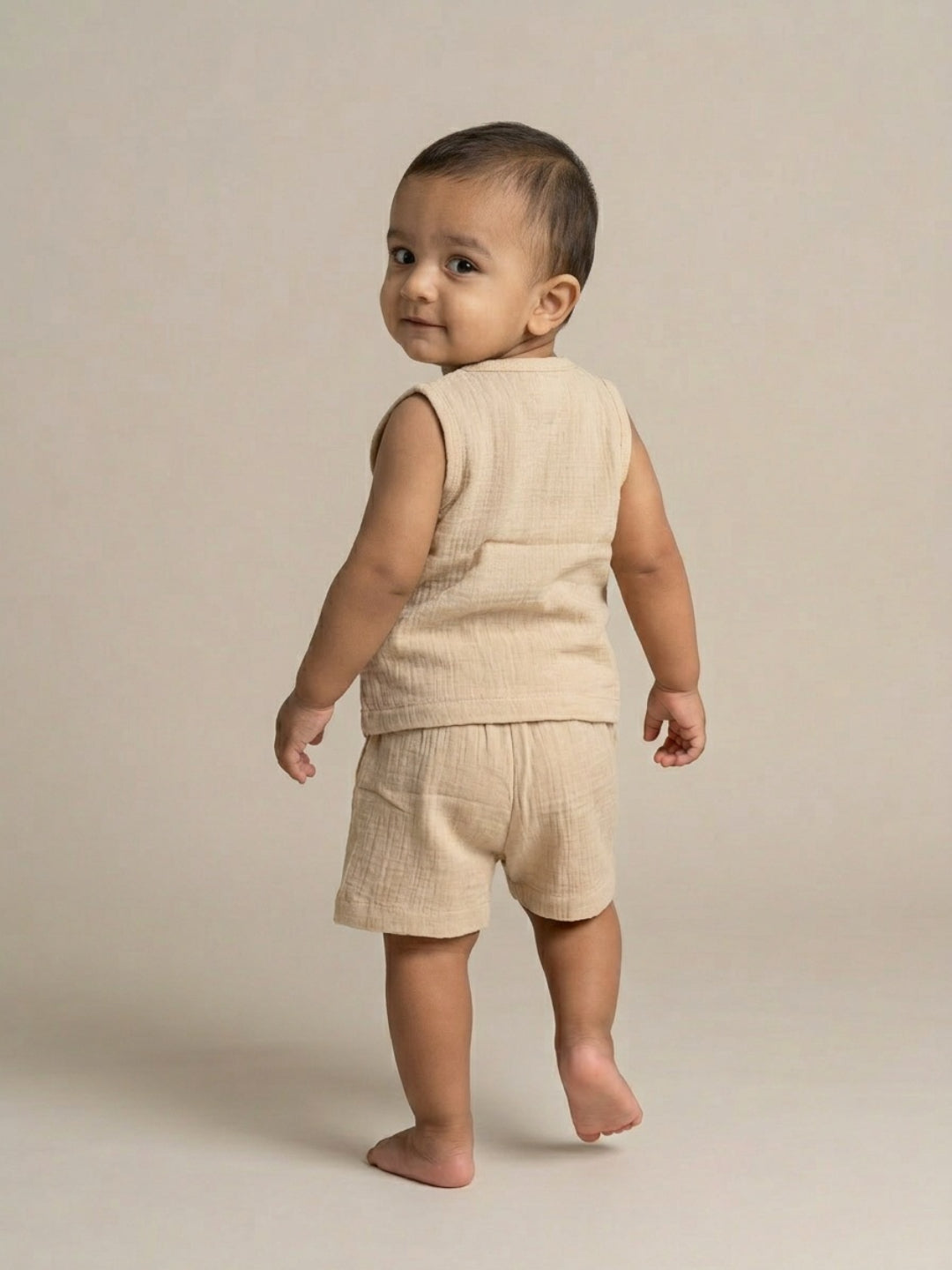 Biglilpeople Infant Organic Soft Crinkled Muslin Beige Color Top & Short