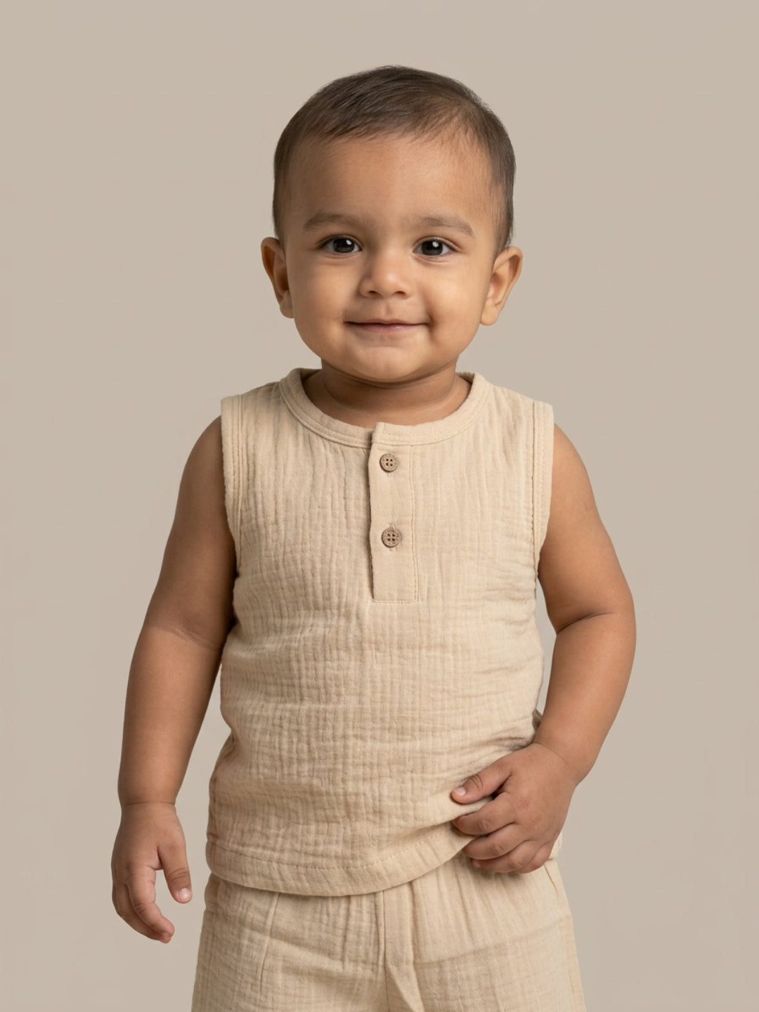 Biglilpeople Infant Organic Soft Crinkled Muslin Beige Color Top & Short