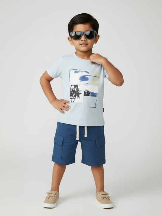 Biglilpeople Boys Graphic Print T-Shirt and Cargo Shorts Set with Sunglasses