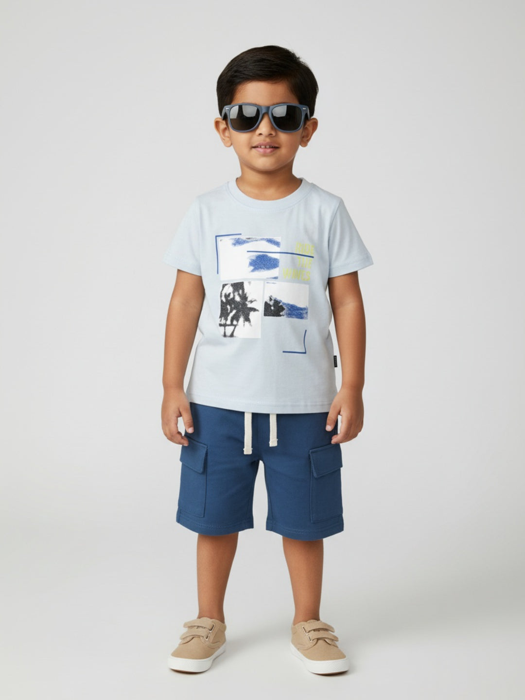 Biglilpeople Boys Graphic Print T-Shirt and Cargo Shorts Set with Sunglasses