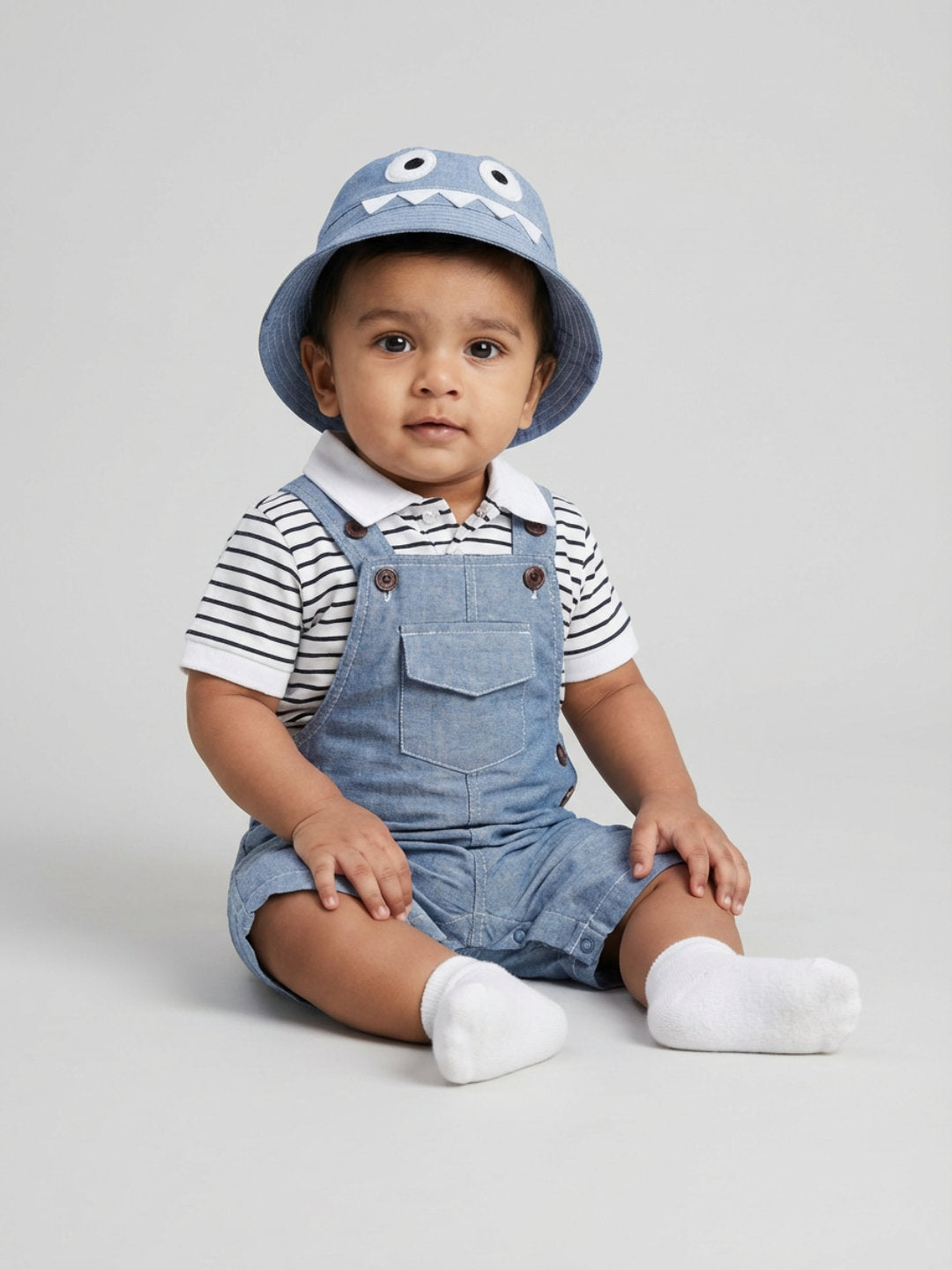Biglilpeople Boys Blue Square Neck Short Sleeves T-Shirt & Dungaree Set with Hat