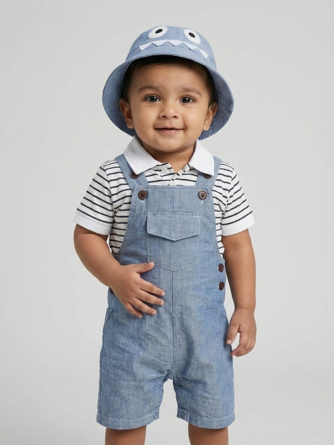 Biglilpeople Boys Blue Square Neck Short Sleeves T-Shirt & Dungaree Set with Hat