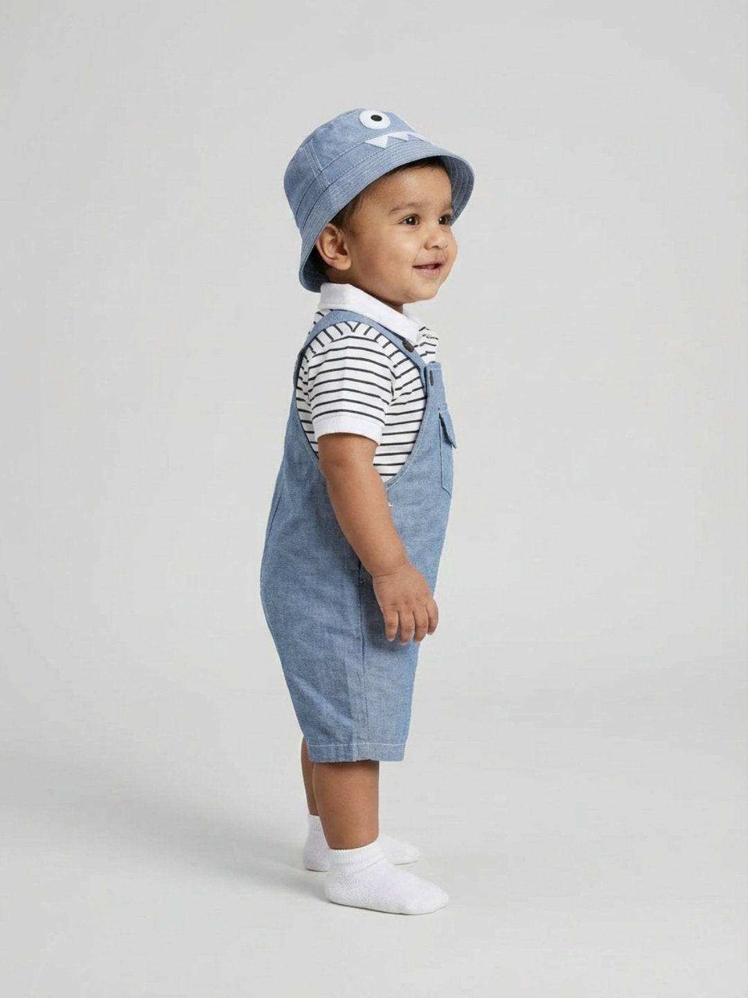 Biglilpeople Boys Blue Square Neck Short Sleeves T-Shirt & Dungaree Set with Hat