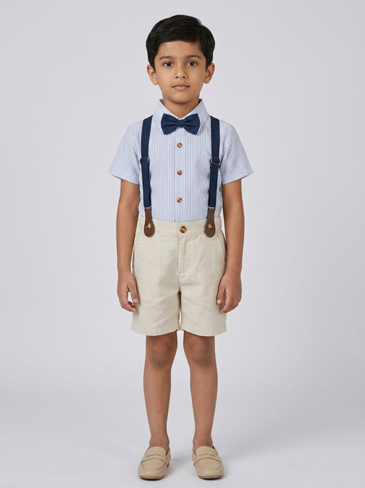 Biglilpeople Infant Boys Blue Shirt with Classic Bow Tie & Beige Shorts with Suspenders