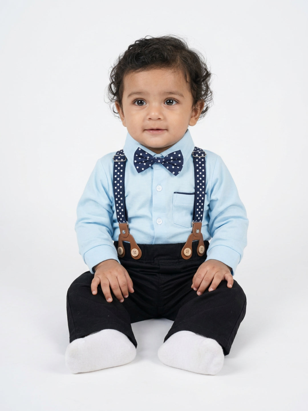 Biglilpeople Camisa azul para bebé con pajarita clásica y pantalón con tirantes