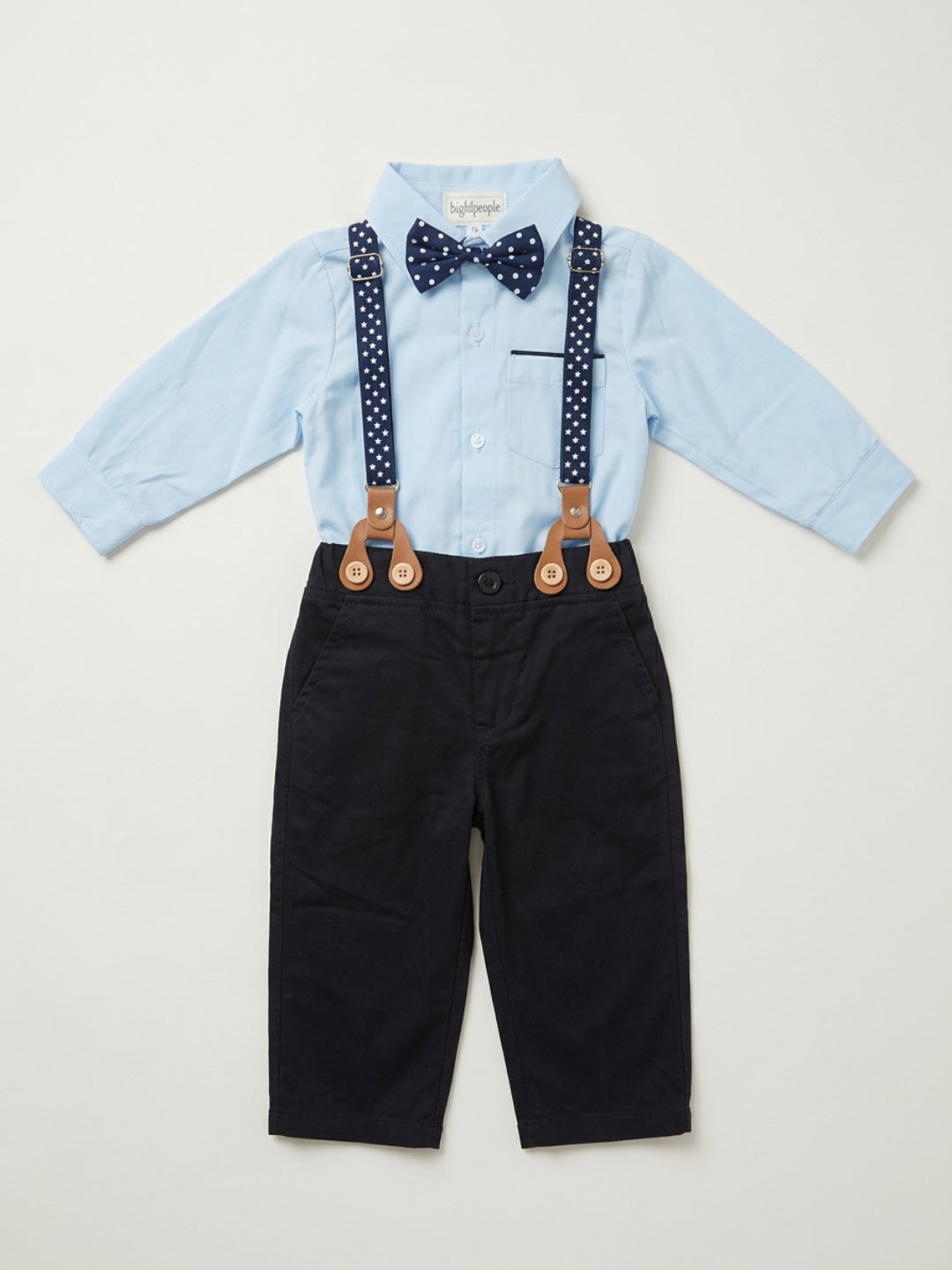 Biglilpeople Camisa azul para bebé con pajarita clásica y pantalón con tirantes
