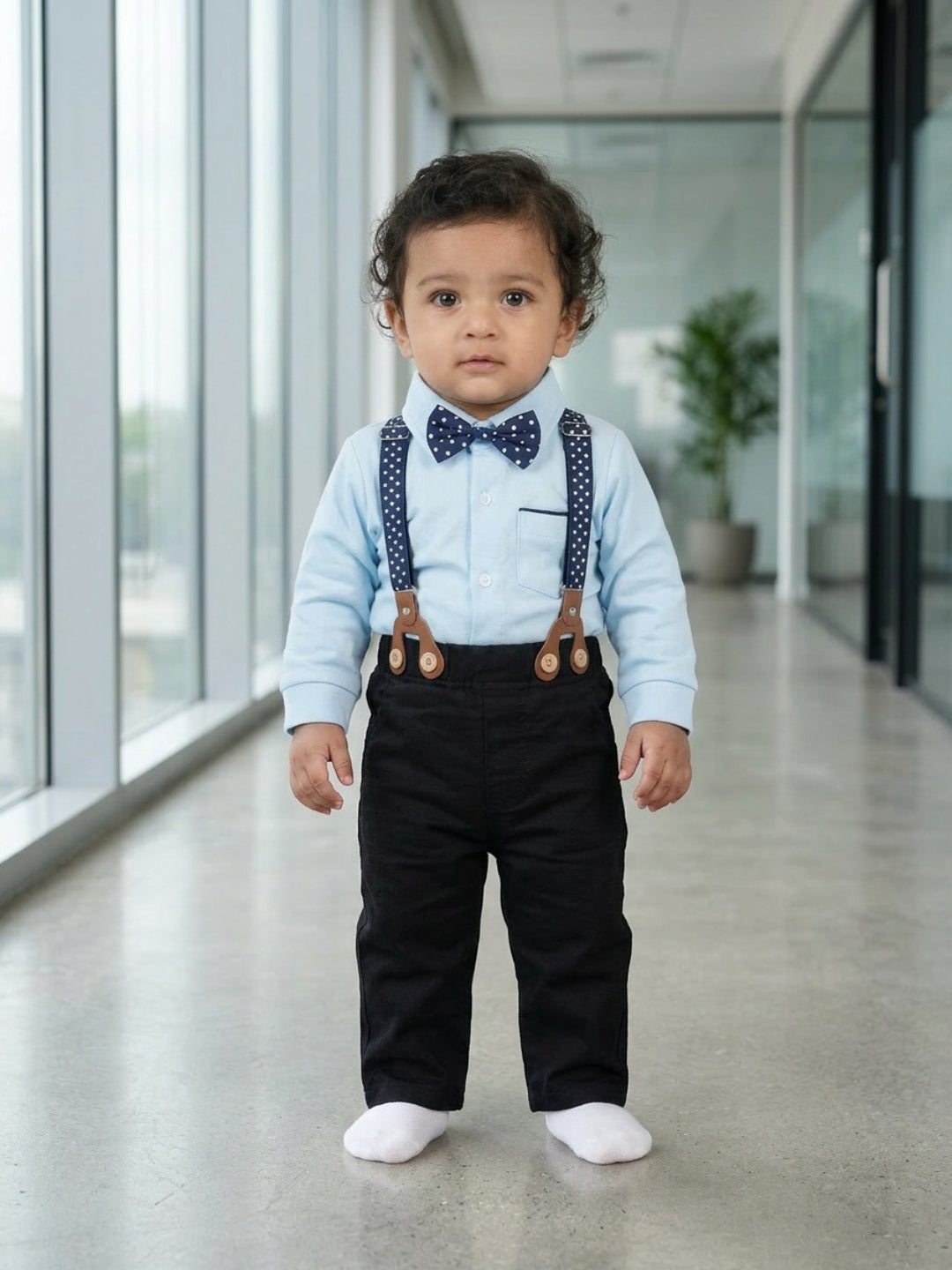 Biglilpeople Camisa azul para bebé con pajarita clásica y pantalón con tirantes