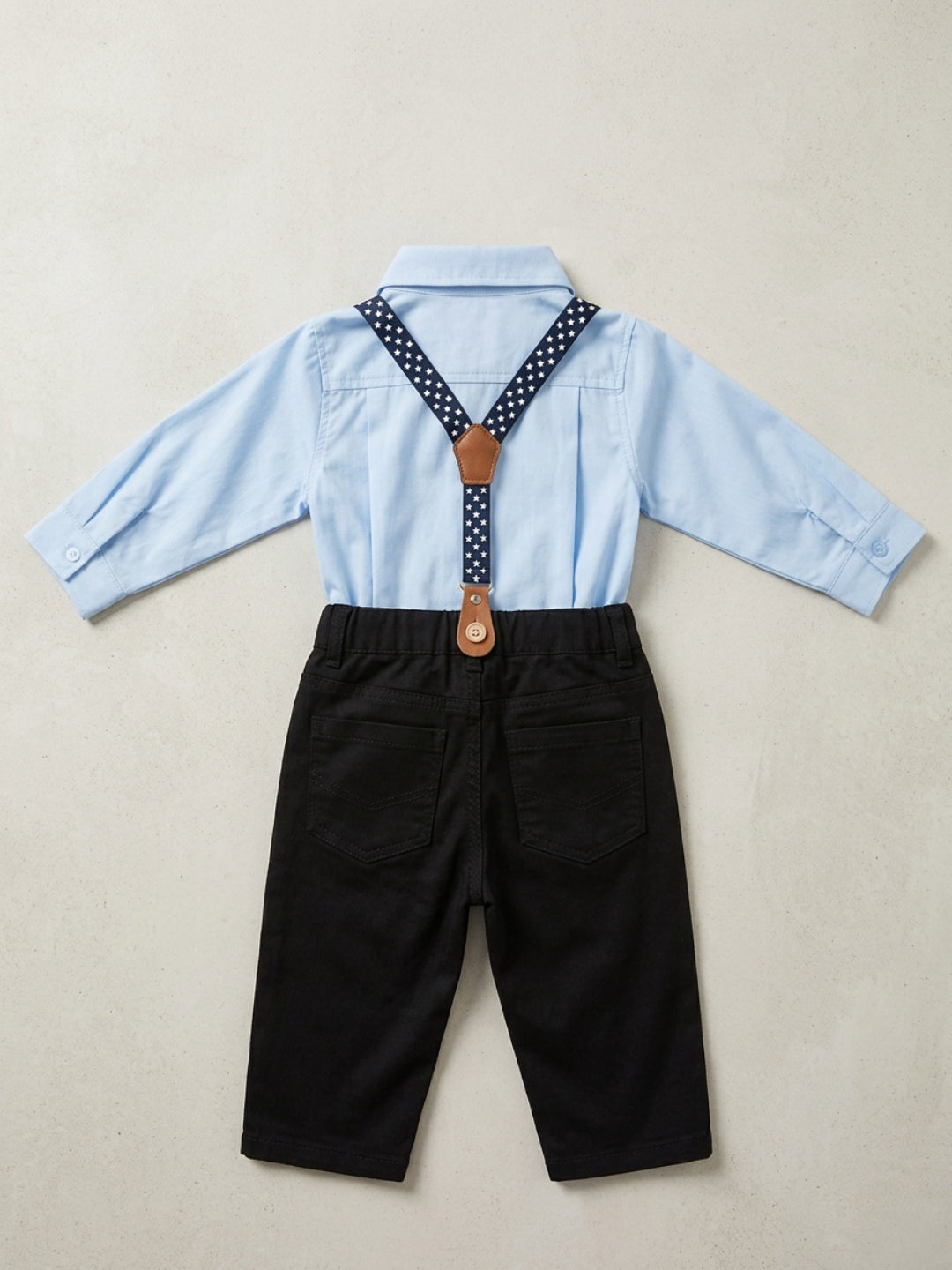 Biglilpeople Camisa azul para bebé con pajarita clásica y pantalón con tirantes