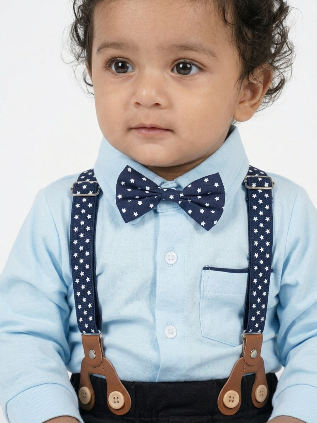 Biglilpeople Camisa azul para bebé con pajarita clásica y pantalón con tirantes