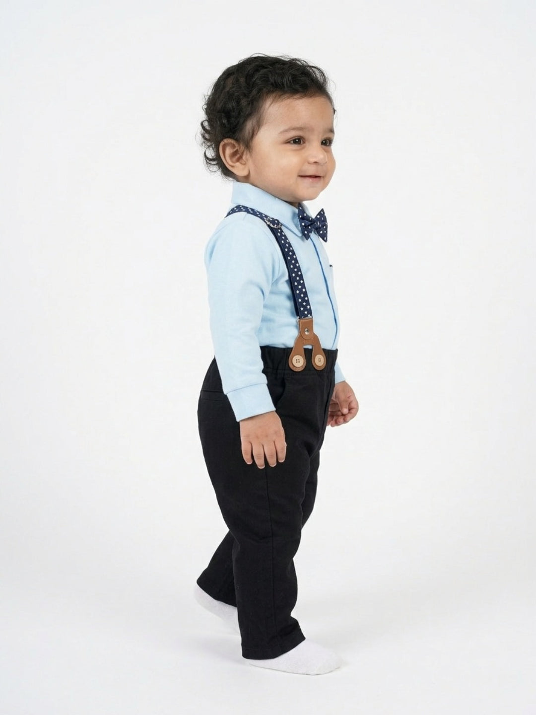 Biglilpeople Infant Boys Blue Shirt with Classic Bow Tie & Pant with Suspenders