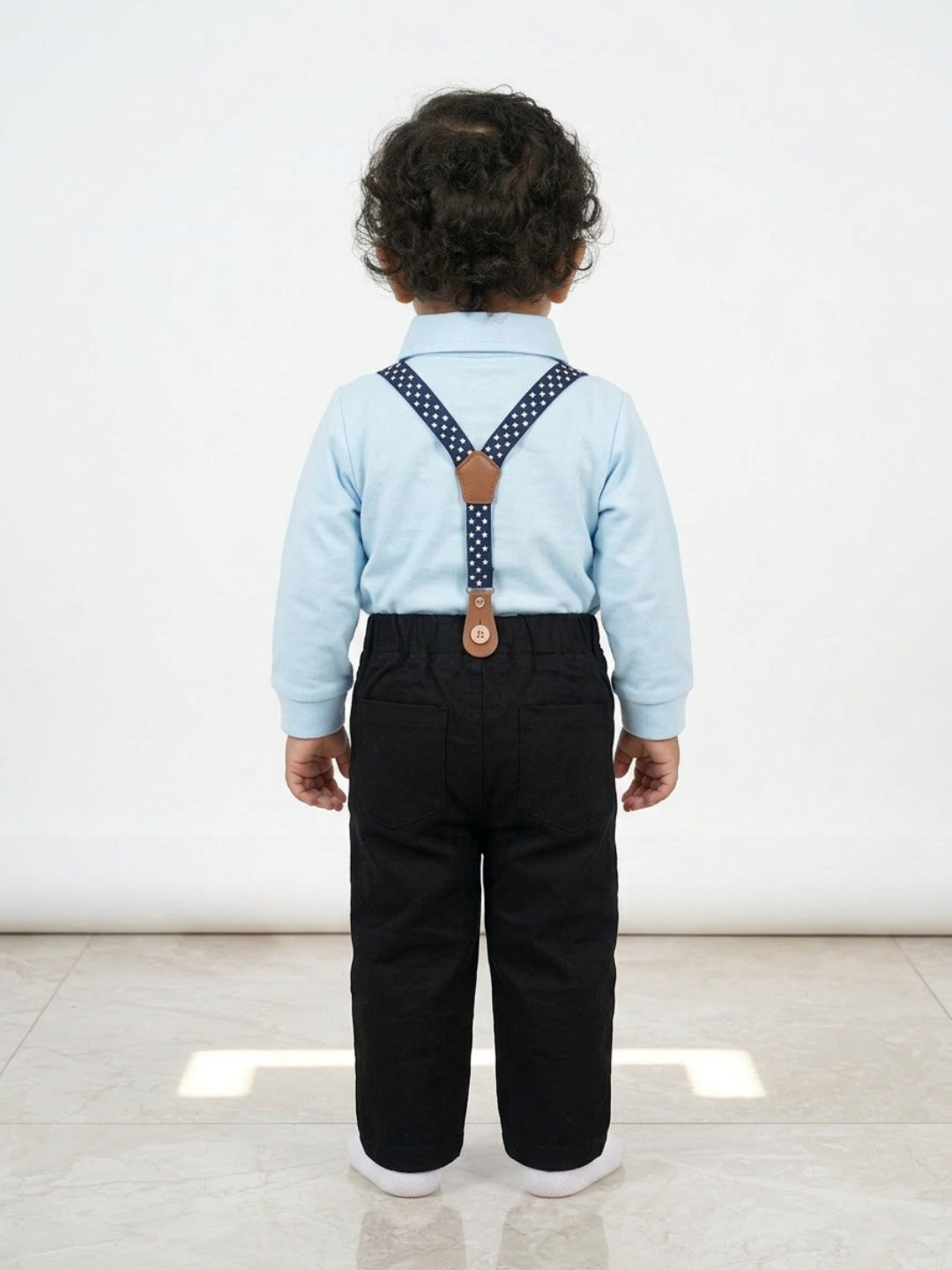 Biglilpeople Camisa azul para bebé con pajarita clásica y pantalón con tirantes