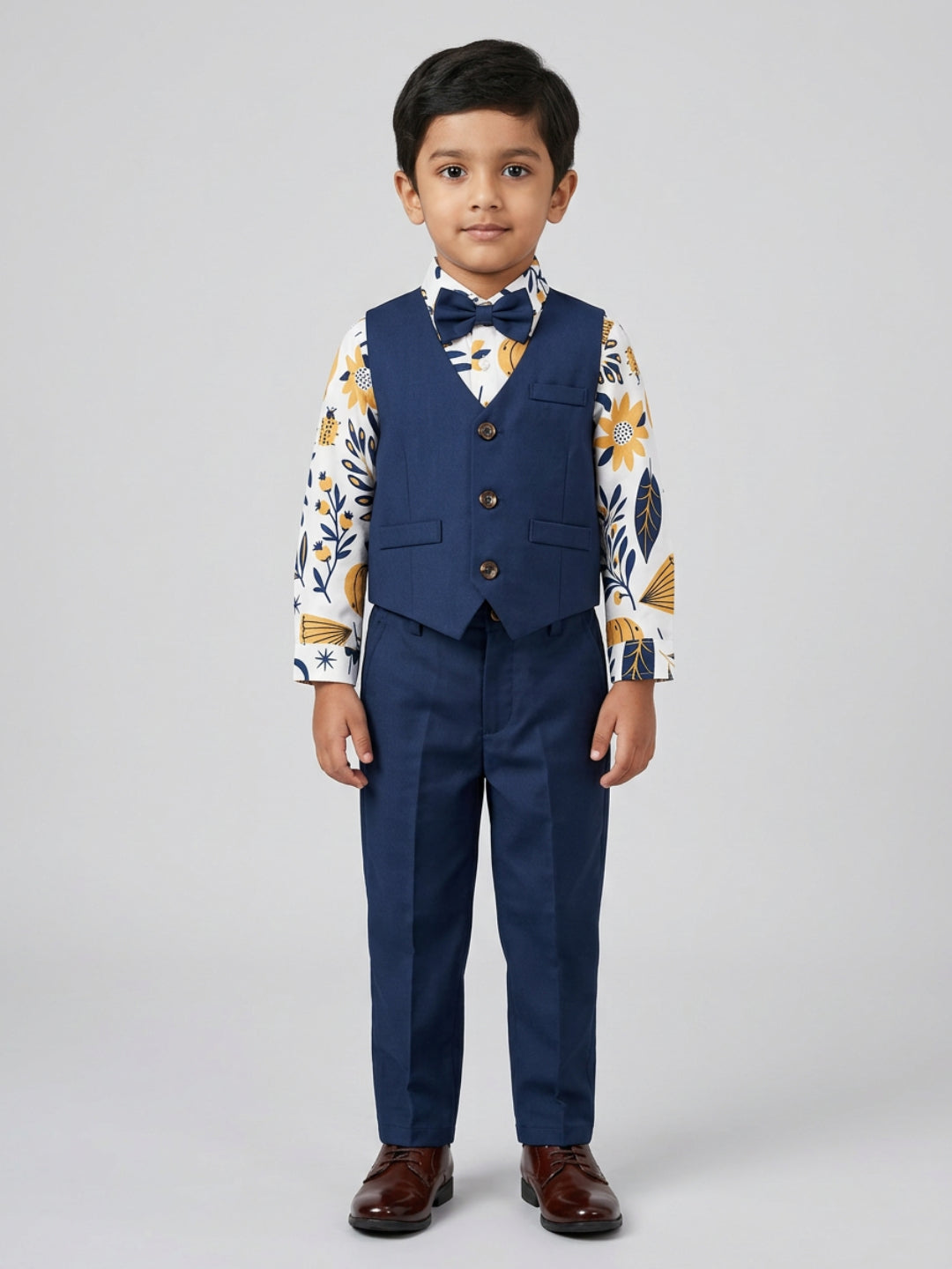 बिग्लिलपीपल लड़कों का 3 पीस ब्लू सूट सेट: क्लासिक बो के साथ शर्ट, वेस्टकोट और पैंट