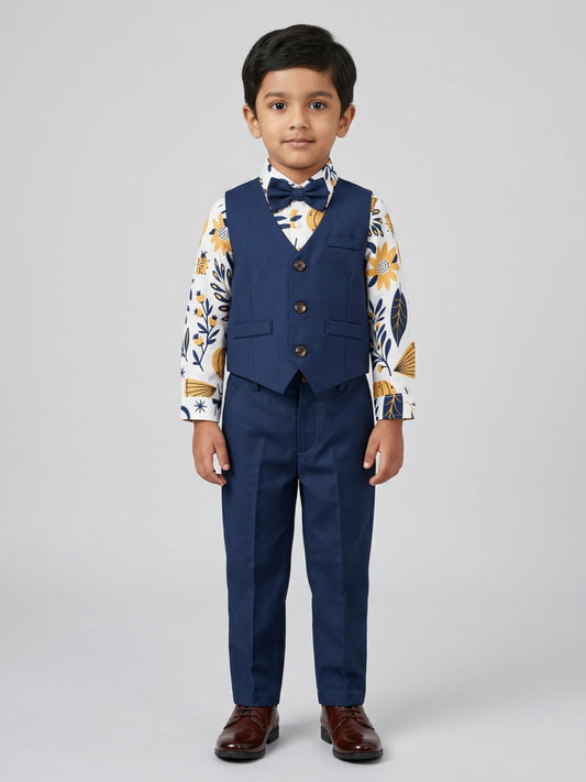 बिग्लिलपीपल लड़कों का 3 पीस ब्लू सूट सेट: क्लासिक बो के साथ शर्ट, वेस्टकोट और पैंट