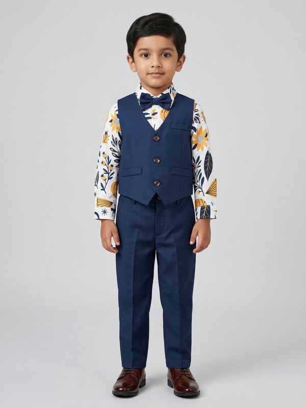 Biglilpeople Boys 3-Piece Blue Suit Set: Shirt with Classic Bow & Waistcoat & Pant
