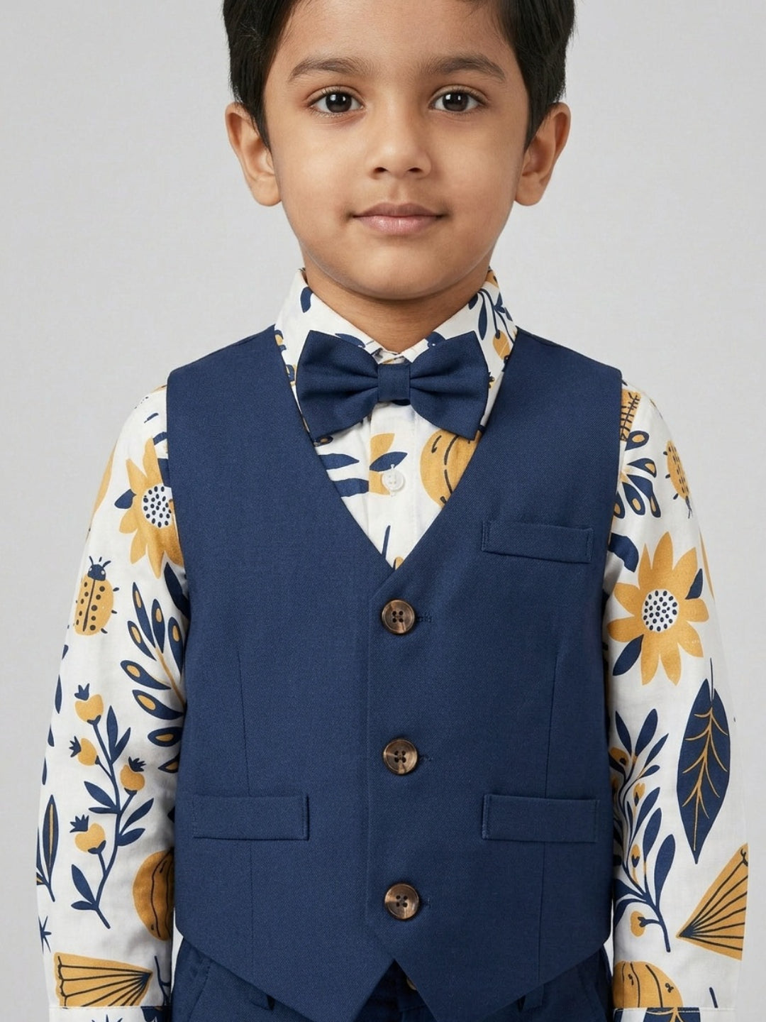 बिग्लिलपीपल लड़कों का 3 पीस ब्लू सूट सेट: क्लासिक बो के साथ शर्ट, वेस्टकोट और पैंट