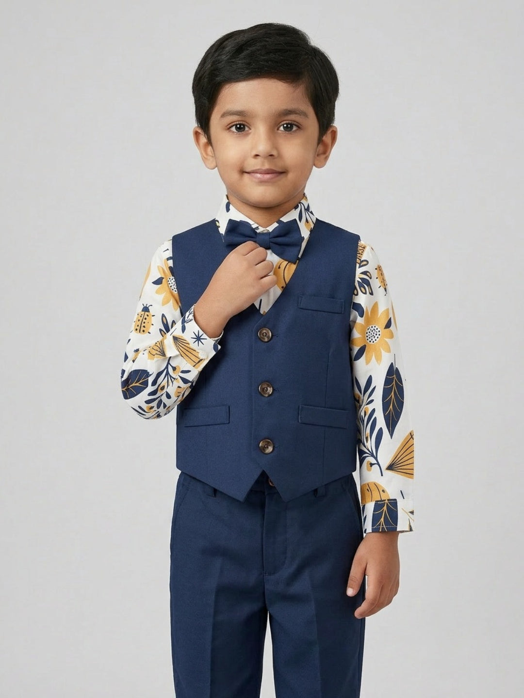 बिग्लिलपीपल लड़कों का 3 पीस ब्लू सूट सेट: क्लासिक बो के साथ शर्ट, वेस्टकोट और पैंट