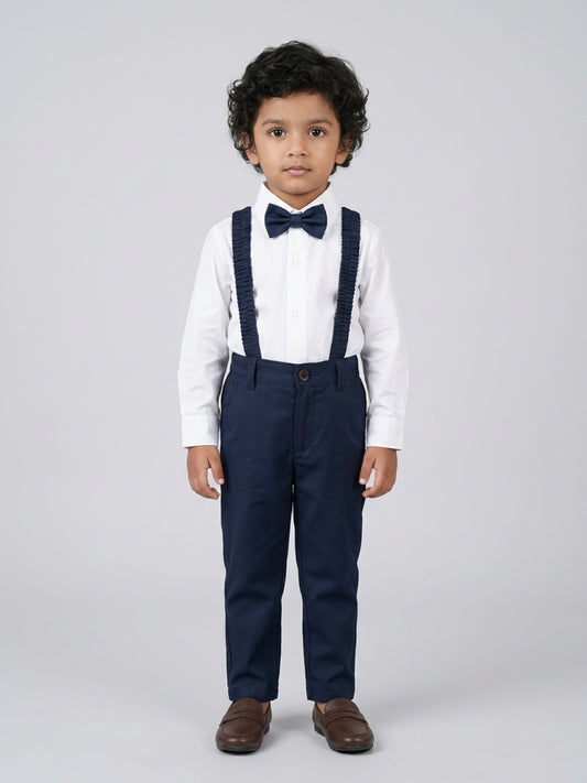 Biglilpeople Boys White Shirt with Classic Bow & Blue Pant with Suspenders