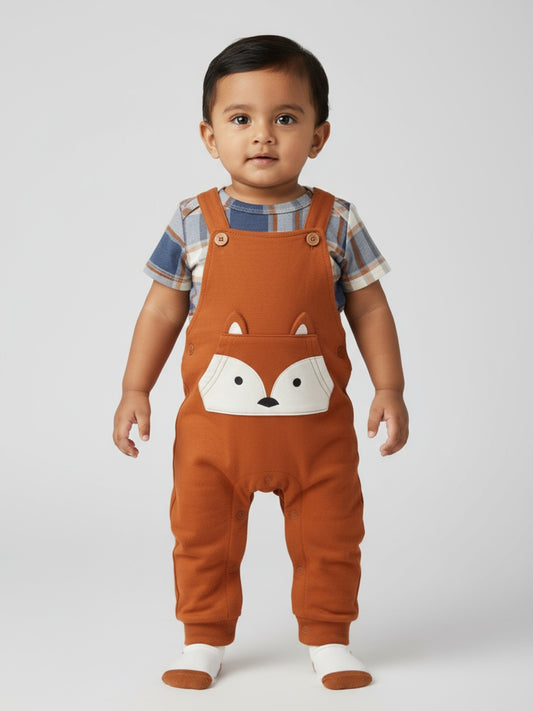 Biglilpeople Baby Boys Applique Fox Dungaree Set with Socks