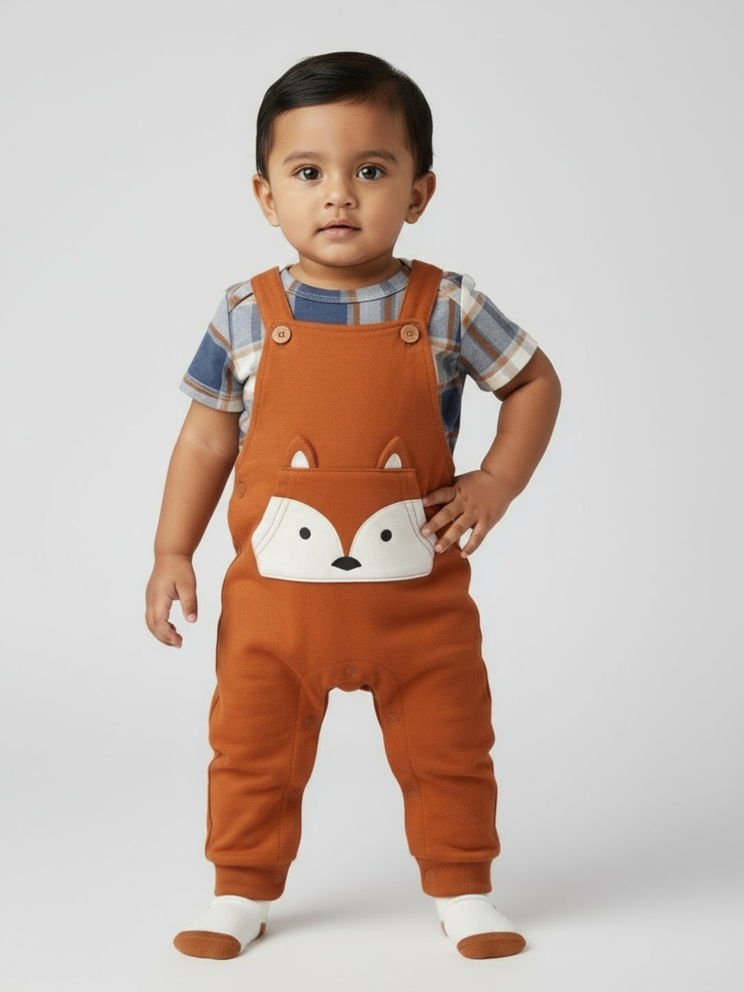 Biglilpeople Baby Boys Applique Fox Dungaree Set with Socks