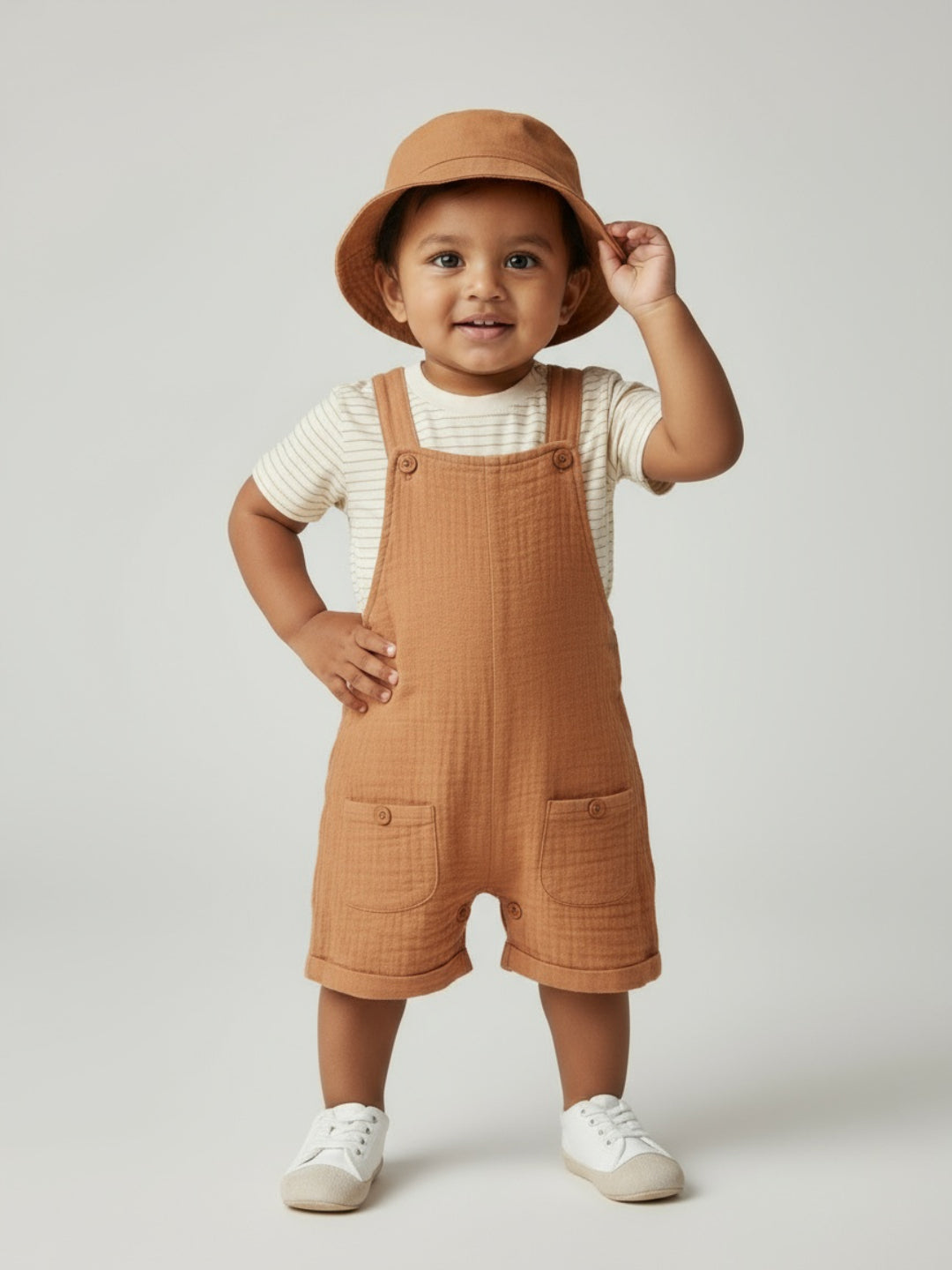 Biglilpeople Boys Solid Dungaree and T-Shirt Set with Hat