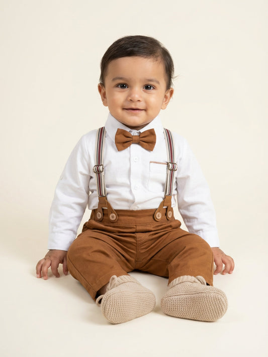Biglilpeople Boys Brown Spread Collar Full Sleeves Bow Tie & Suspenders Formal Set
