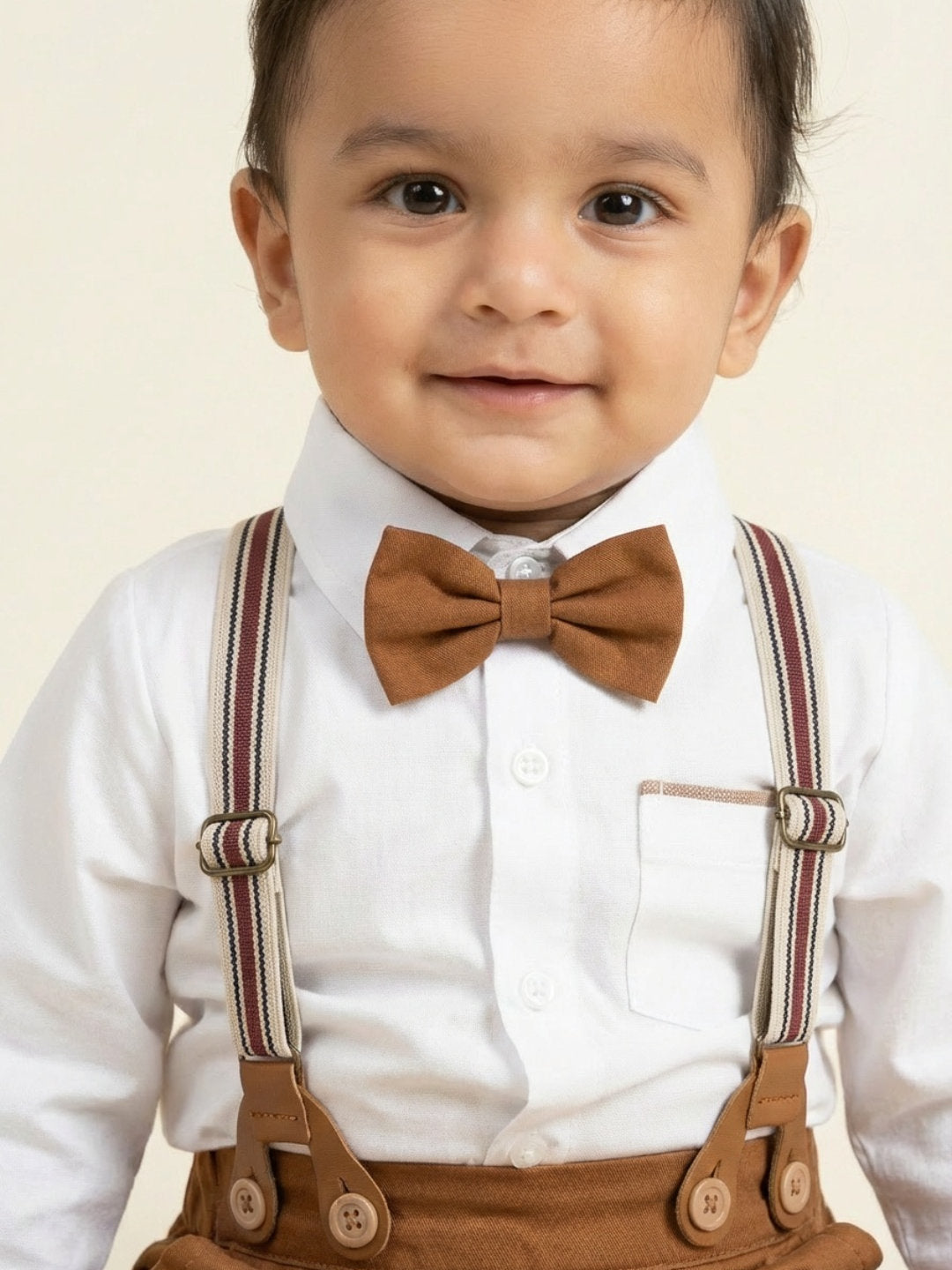 Biglilpeople Boys Brown Spread Collar Full Sleeves Bow Tie & Suspenders Formal Set