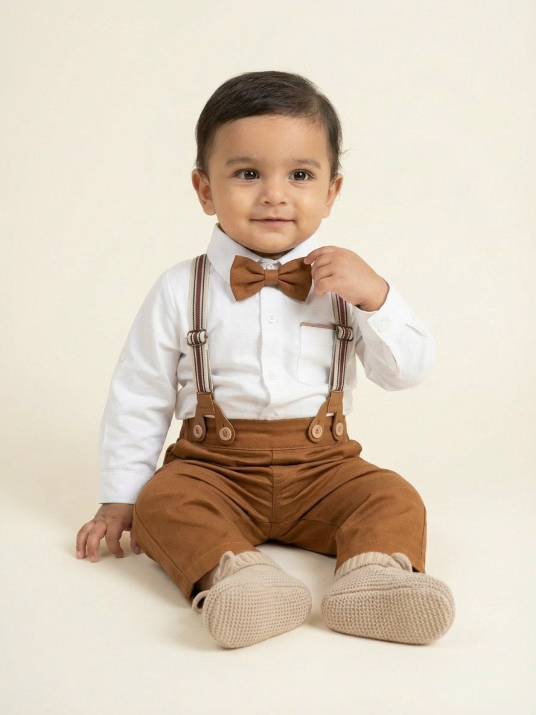 Biglilpeople Boys Brown Spread Collar Full Sleeves Bow Tie & Suspenders Formal Set
