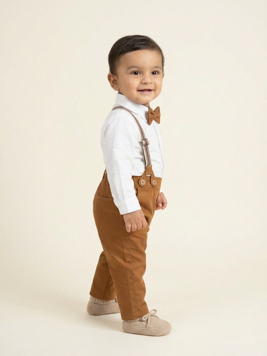 Biglilpeople Boys Brown Spread Collar Full Sleeves Bow Tie & Suspenders Formal Set