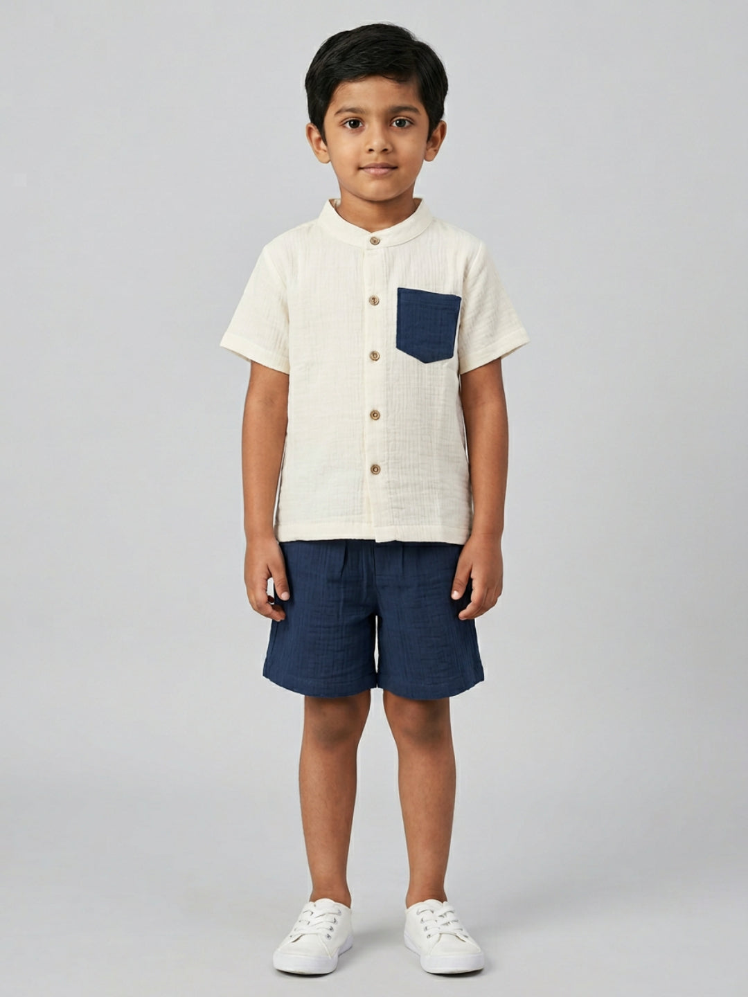 Biglilpeople Boys Organic Soft Crinkled Muslin Cream Mandarin Collar Shirt & Navy Short