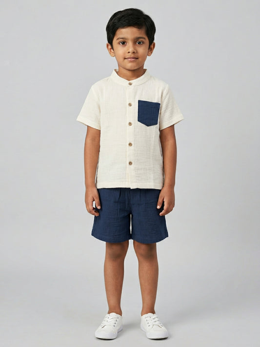 Biglilpeople Boys Organic Soft Crinkled Muslin Cream Mandarin Collar Shirt & Navy Short