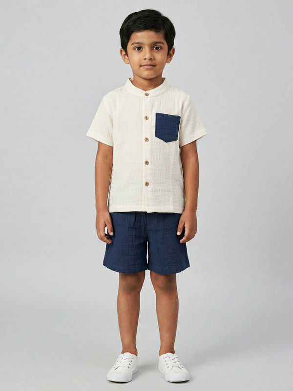 Biglilpeople Boys Organic Soft Crinkled Muslin Cream Mandarin Collar Shirt & Navy Short