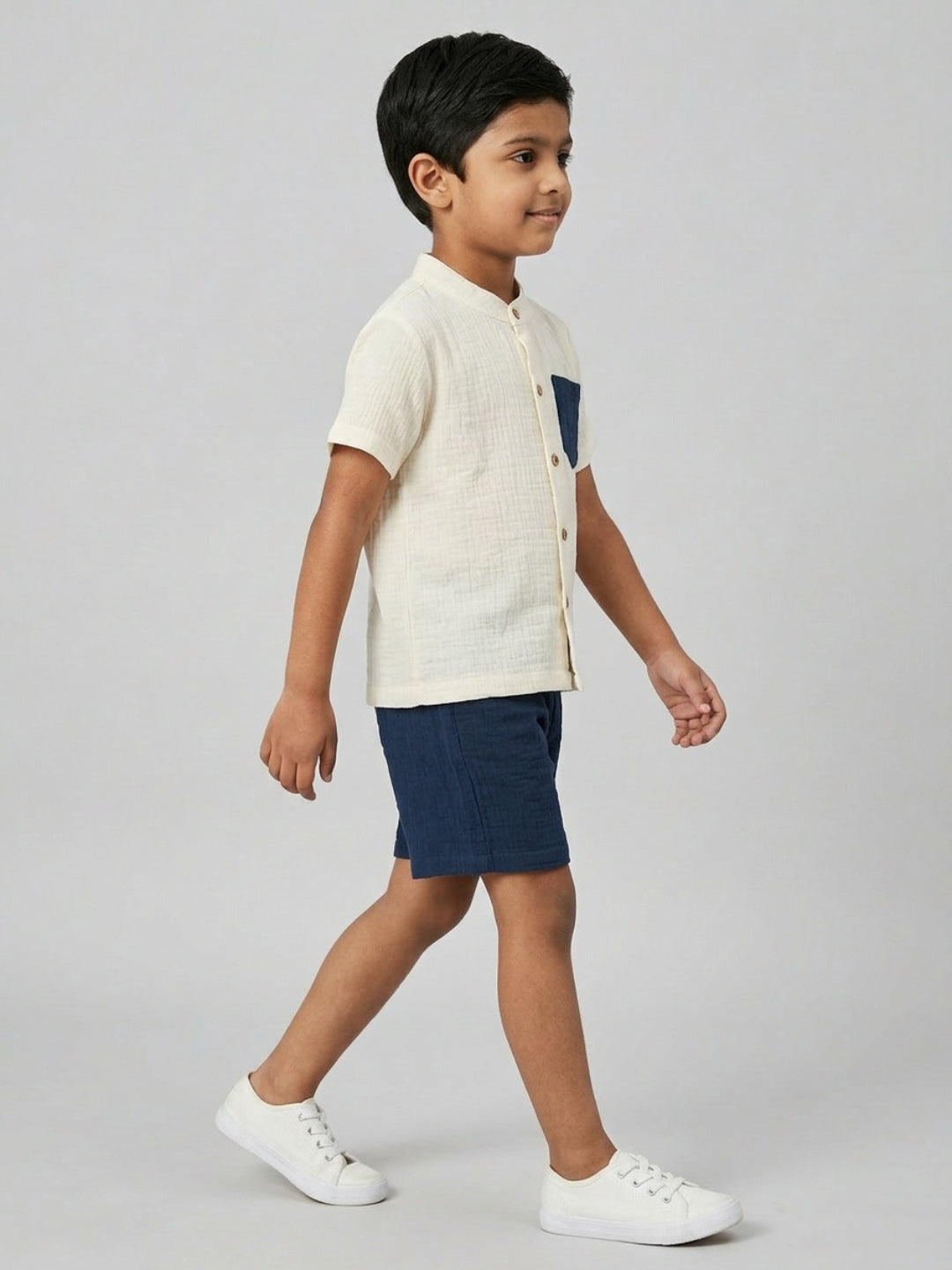 Biglilpeople Boys Organic Soft Crinkled Muslin Cream Mandarin Collar Shirt & Navy Short