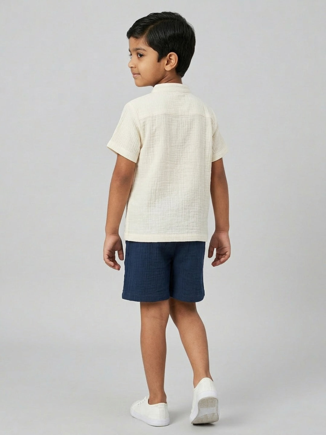 Biglilpeople Boys Organic Soft Crinkled Muslin Cream Mandarin Collar Shirt & Navy Short