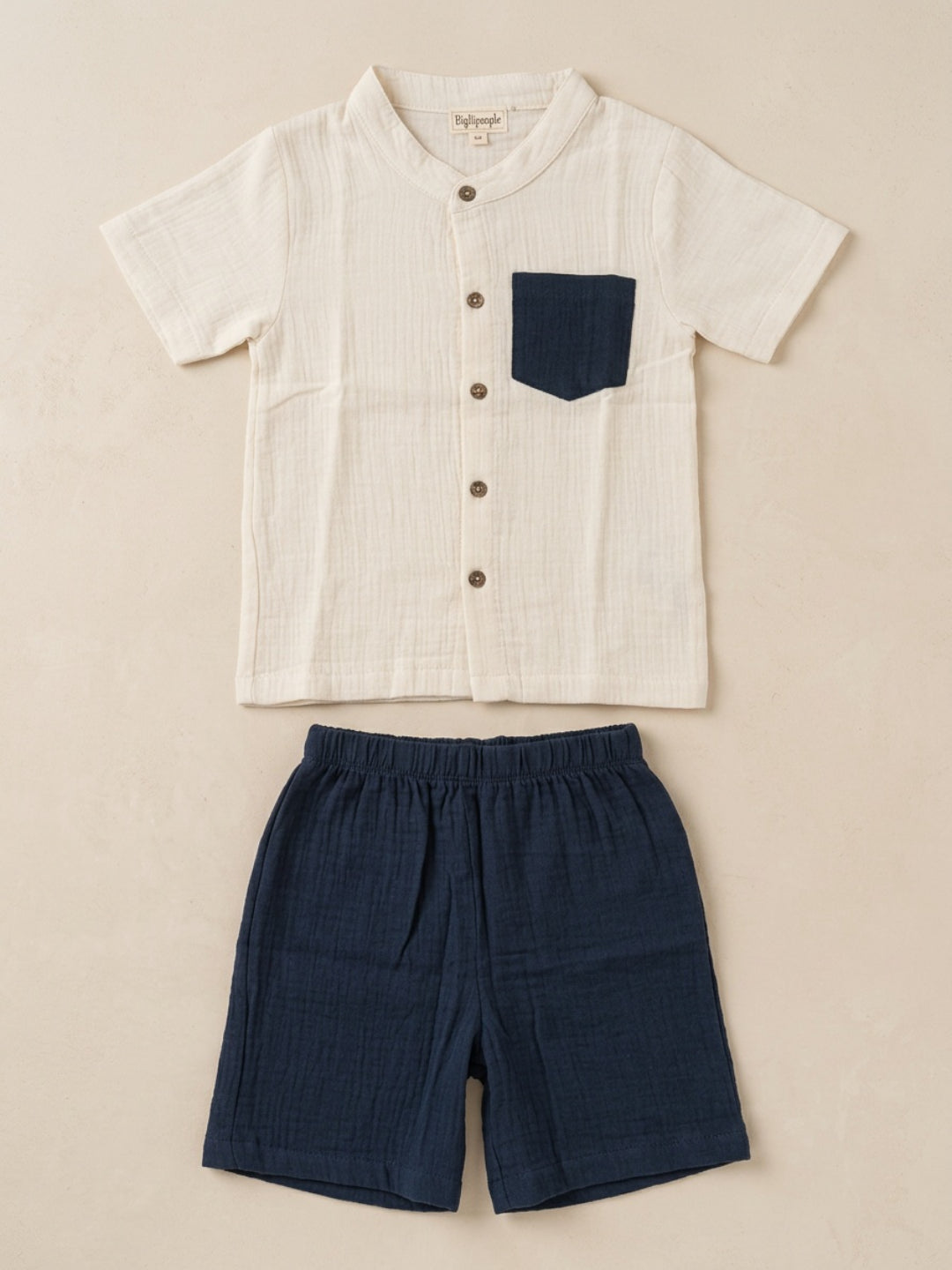 Biglilpeople Boys Organic Soft Crinkled Muslin Cream Mandarin Collar Shirt & Navy Short