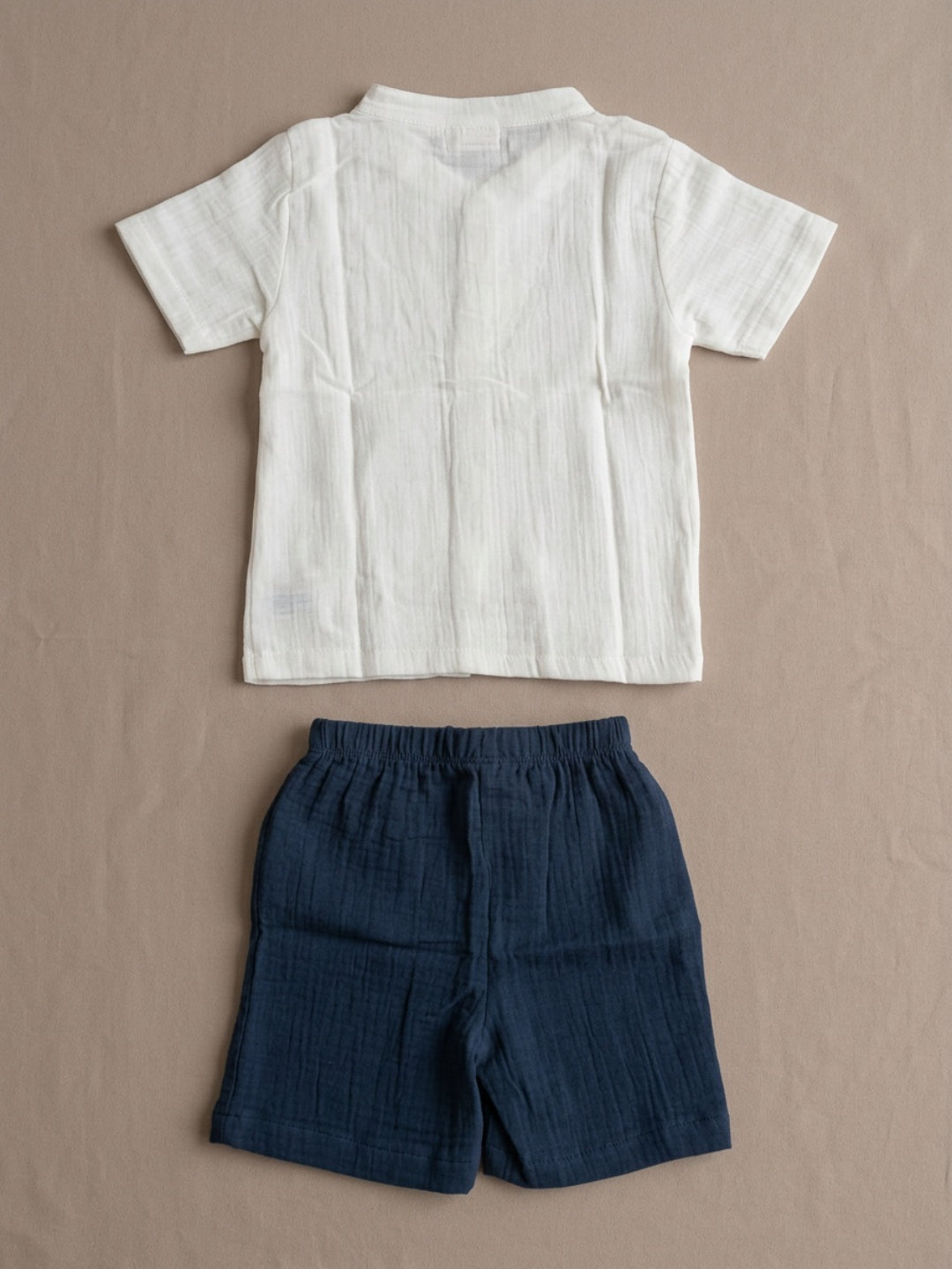 Biglilpeople Boys Organic Soft Crinkled Muslin Cream Mandarin Collar Shirt & Navy Short