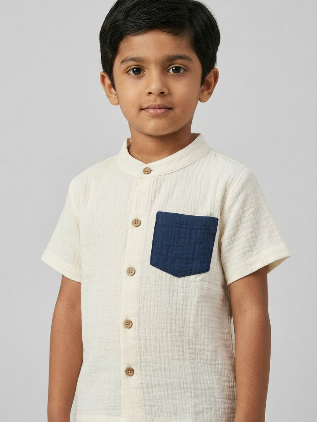 Biglilpeople Boys Organic Soft Crinkled Muslin Cream Mandarin Collar Shirt & Navy Short