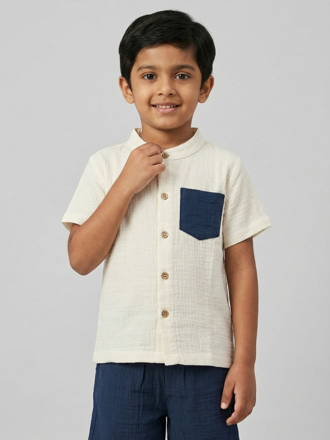 Biglilpeople Boys Organic Soft Crinkled Muslin Cream Mandarin Collar Shirt & Navy Short