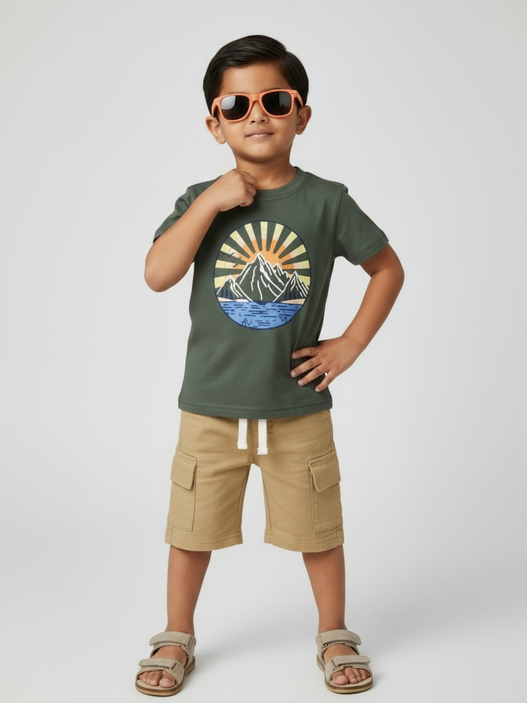 Biglilpeople Boys Graphic Print T-Shirt and Cargo Shorts Set with Sunglasses