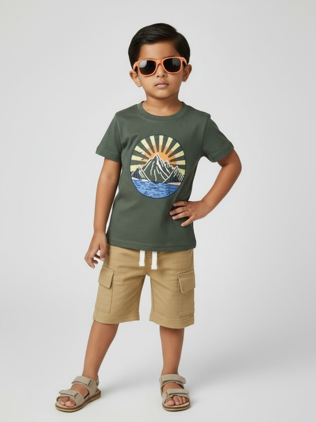 Biglilpeople Boys Graphic Print T-Shirt and Cargo Shorts Set with Sunglasses