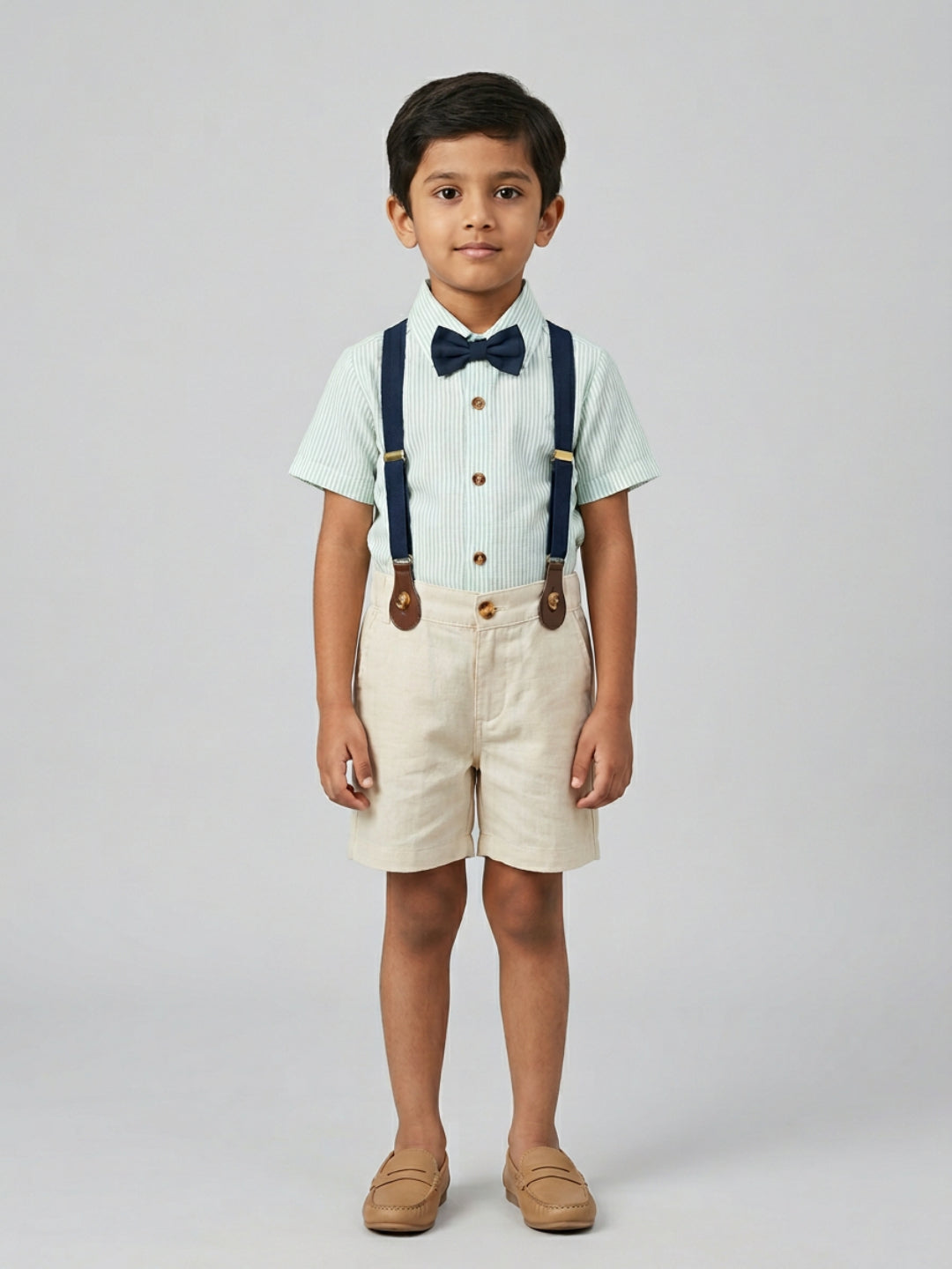 Biglilpeople Boys Green Shirt & Beige Shorts with Classic Bow Tie & Suspenders