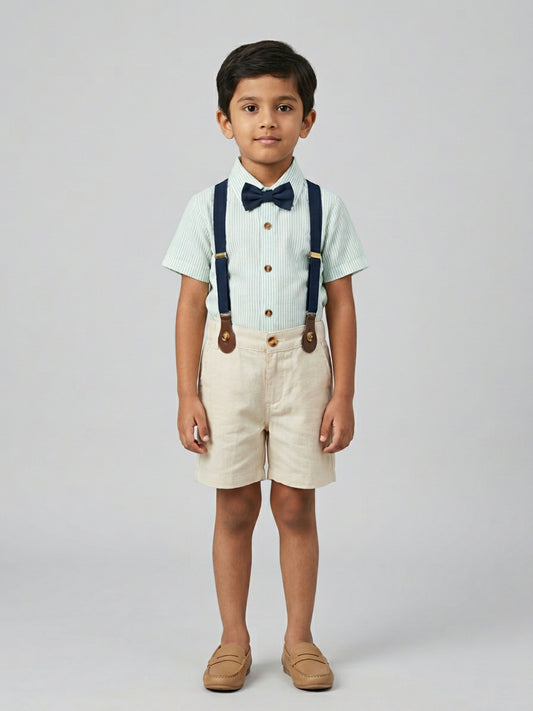 Biglilpeople Boys Green Shirt & Beige Shorts with Classic Bow Tie & Suspenders