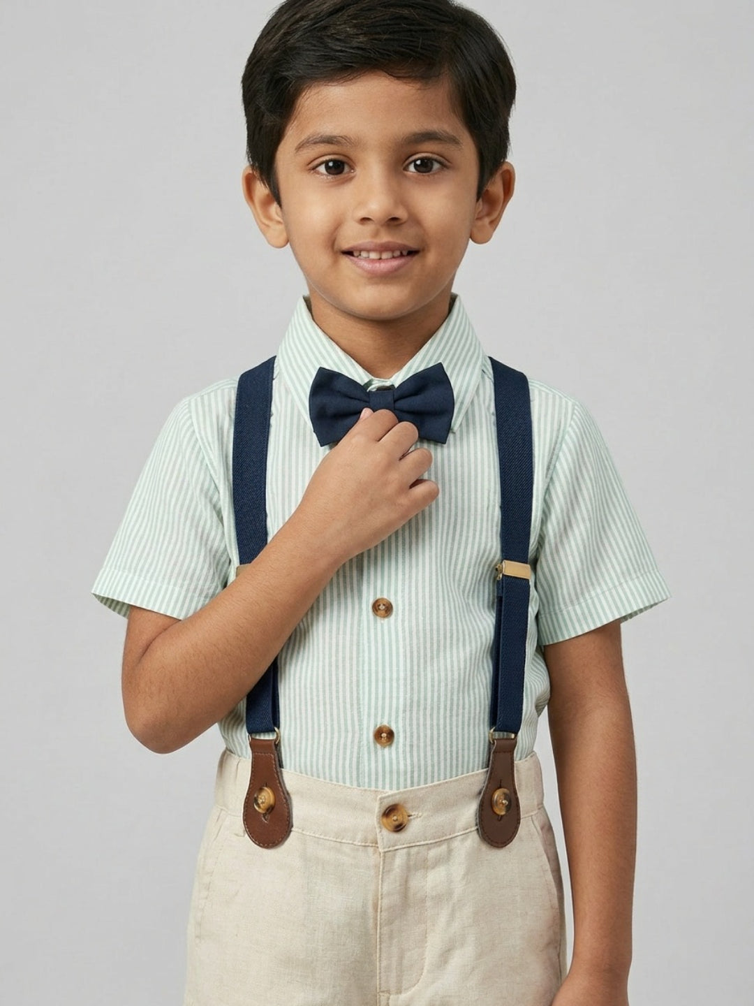 Biglilpeople Boys Green Shirt & Beige Shorts with Classic Bow Tie & Suspenders