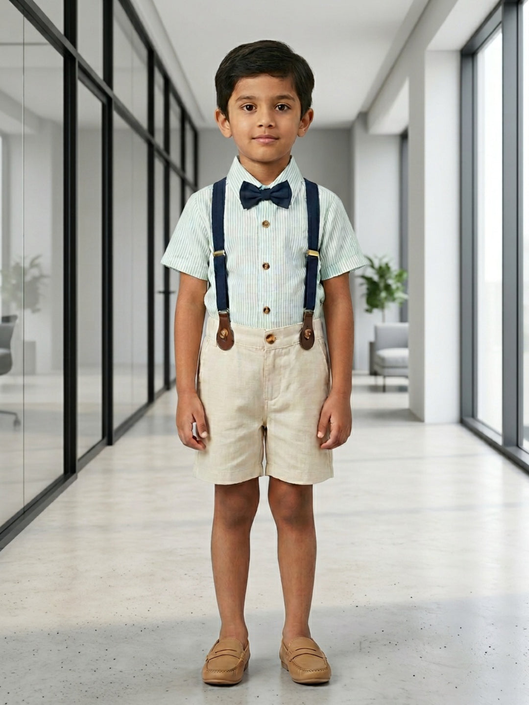 Biglilpeople Boys Green Shirt & Beige Shorts with Classic Bow Tie & Suspenders