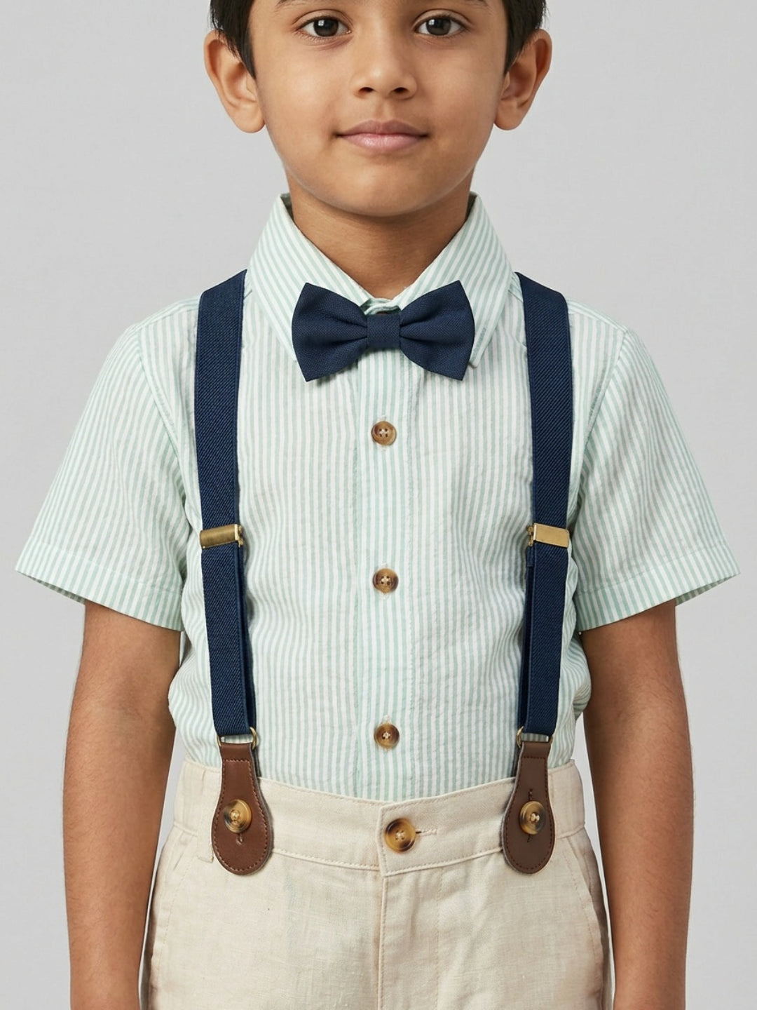 Biglilpeople Boys Green Shirt & Beige Shorts with Classic Bow Tie & Suspenders