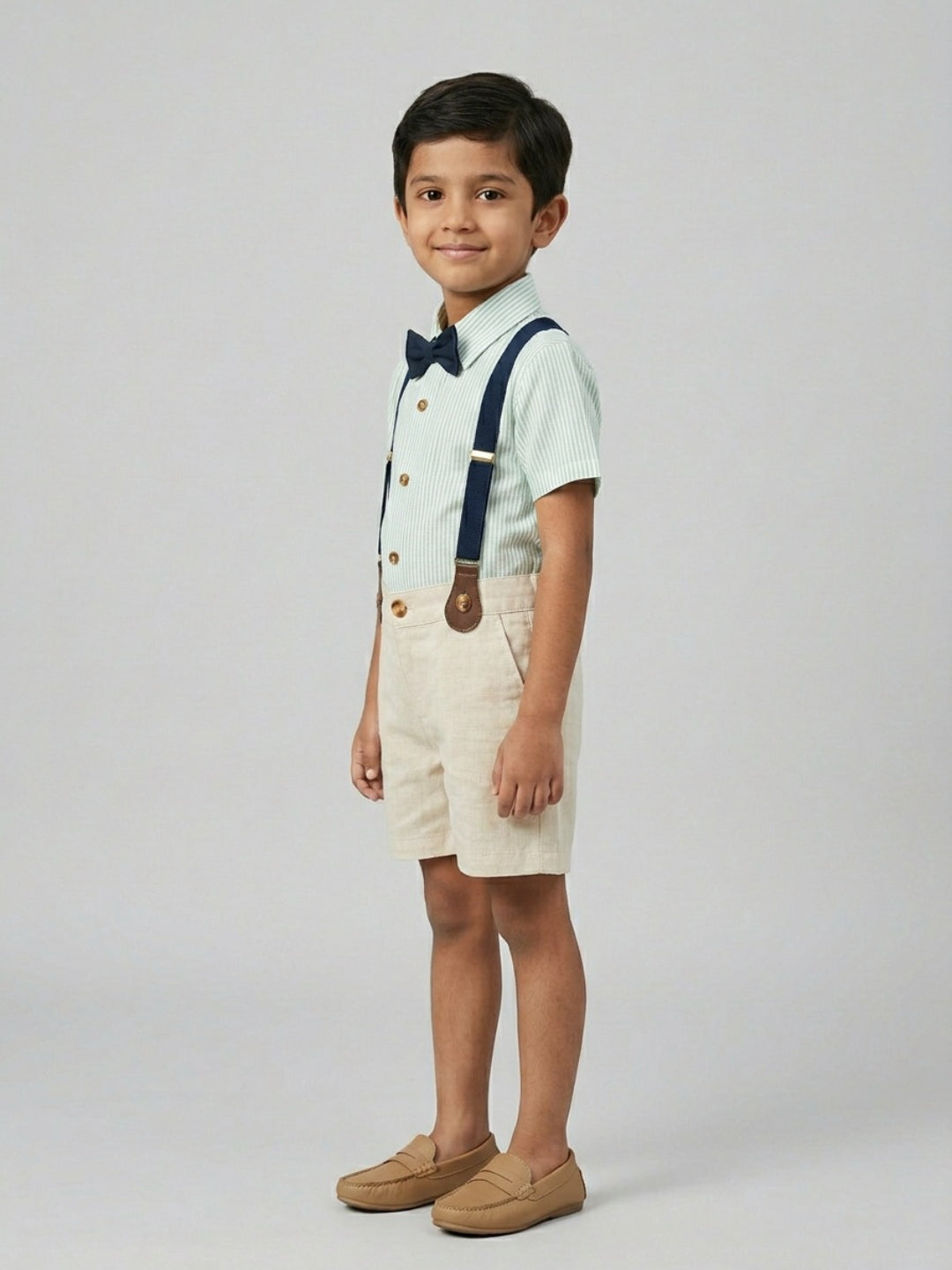 Biglilpeople Boys Green Shirt & Beige Shorts with Classic Bow Tie & Suspenders