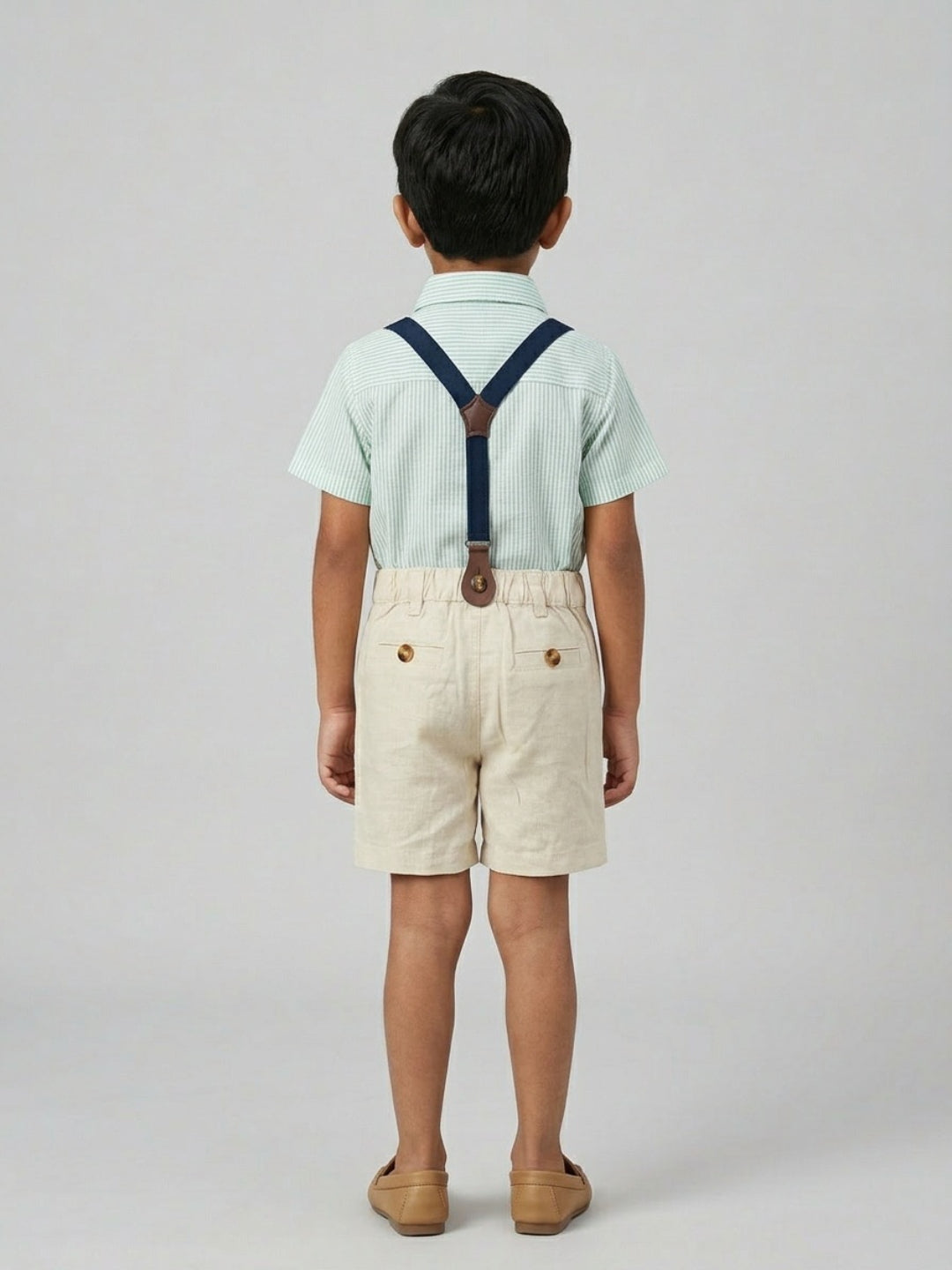 Biglilpeople Boys Green Shirt & Beige Shorts with Classic Bow Tie & Suspenders