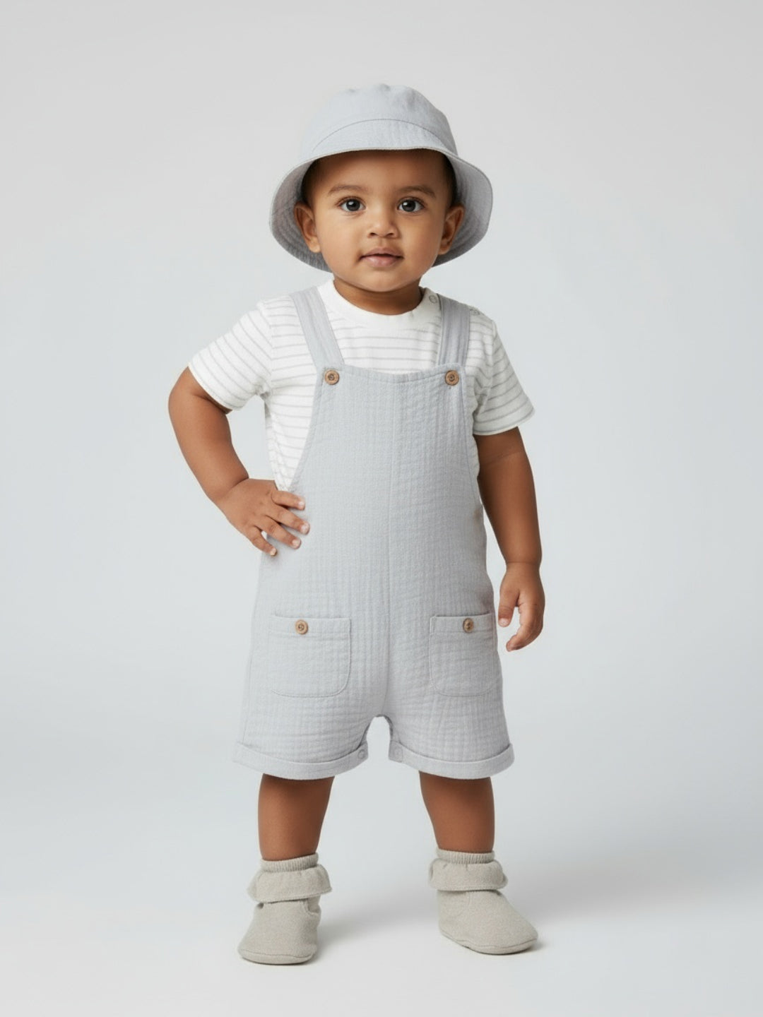 Biglilpeople Boys Solid Dungaree and T-Shirt Set with Hat