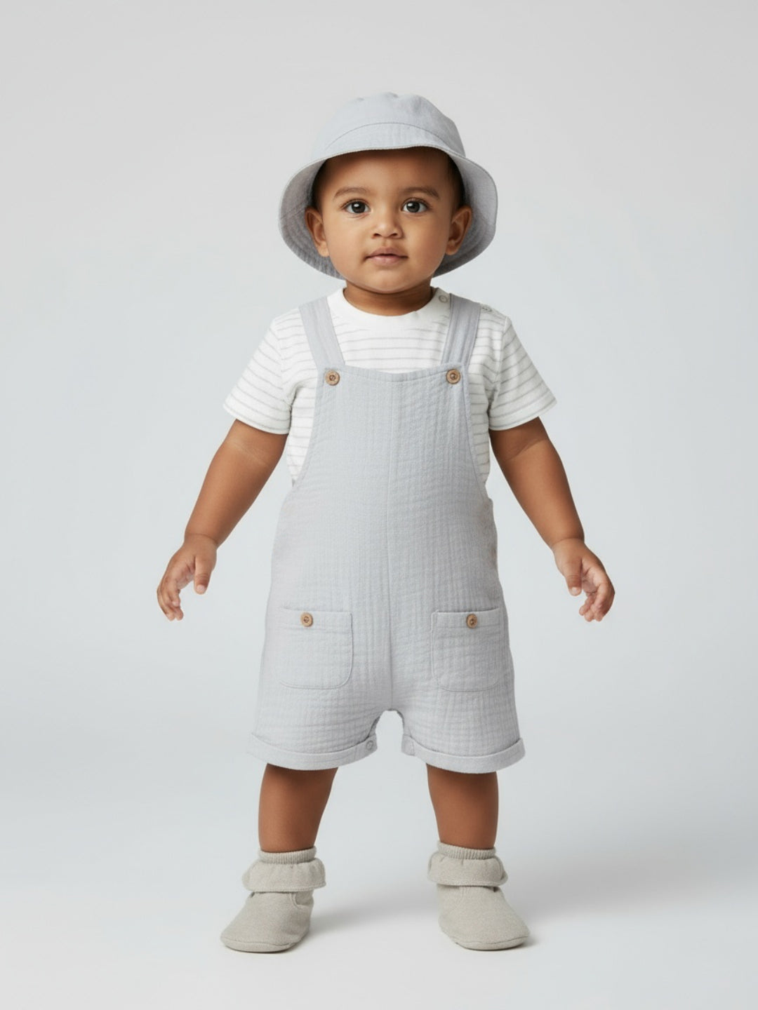 Biglilpeople Boys Solid Dungaree and T-Shirt Set with Hat