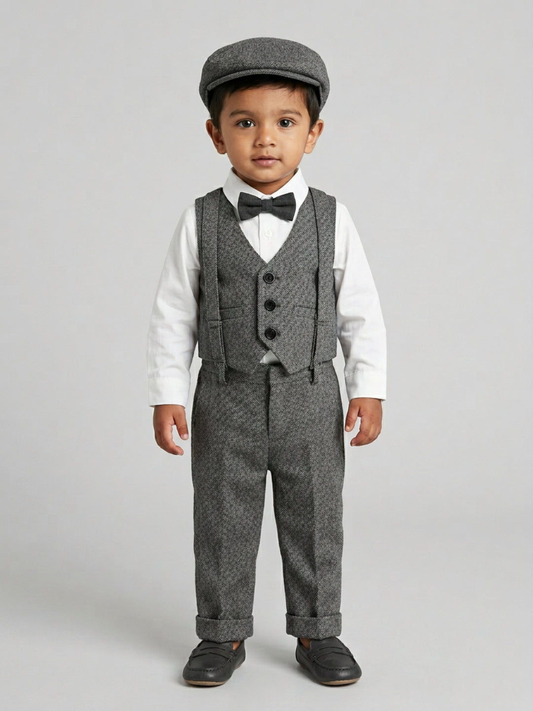 बिग्लिलपीपल लड़कों के लिए 4-पीस ग्रे सूट सेट: वास्कट के साथ शर्ट, सस्पेंडर्स पैंट, कैप और क्लासिक बो