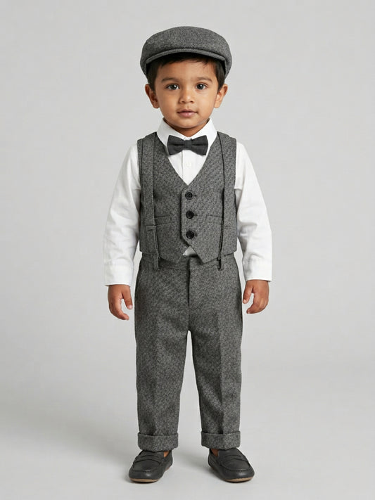 बिग्लिलपीपल लड़कों के लिए 4-पीस ग्रे सूट सेट: वास्कट के साथ शर्ट, सस्पेंडर्स पैंट, कैप और क्लासिक बो